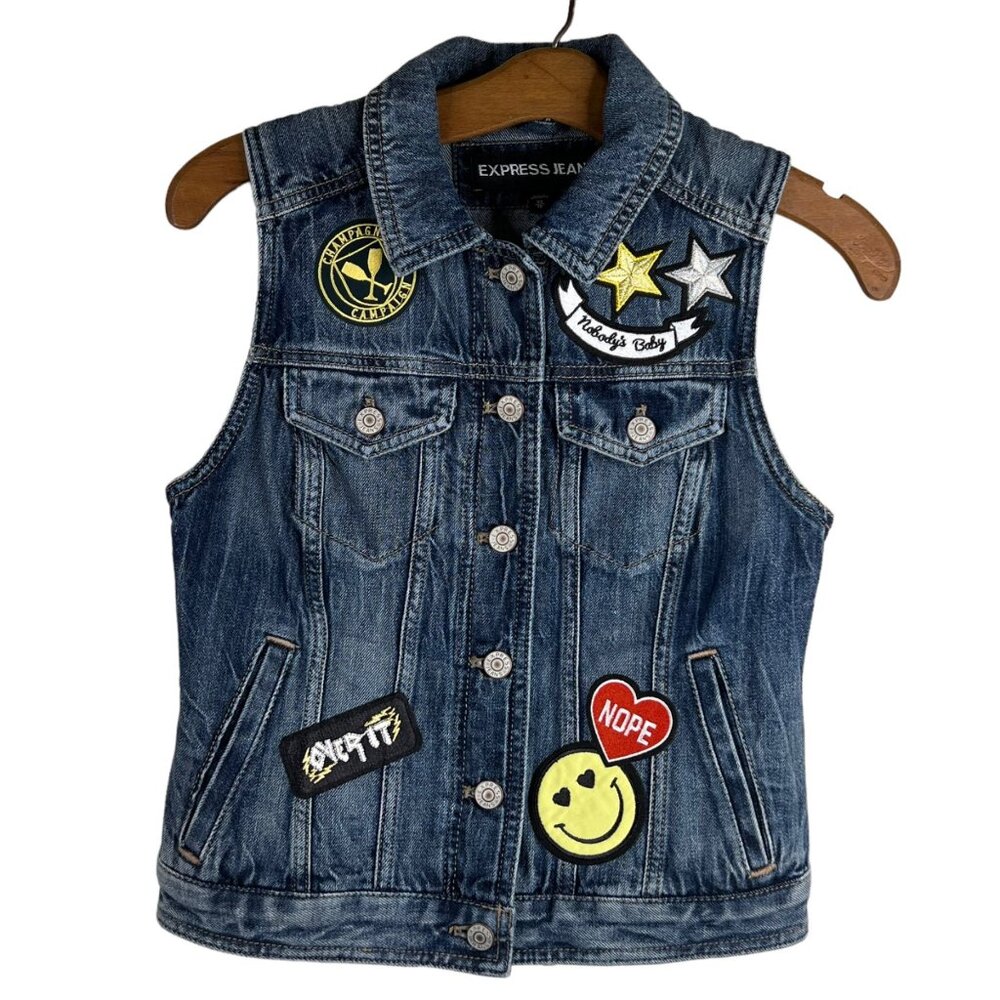 Express Jeans Denim Vest Size XS Button Front Patches Cotton Blend Blue New
